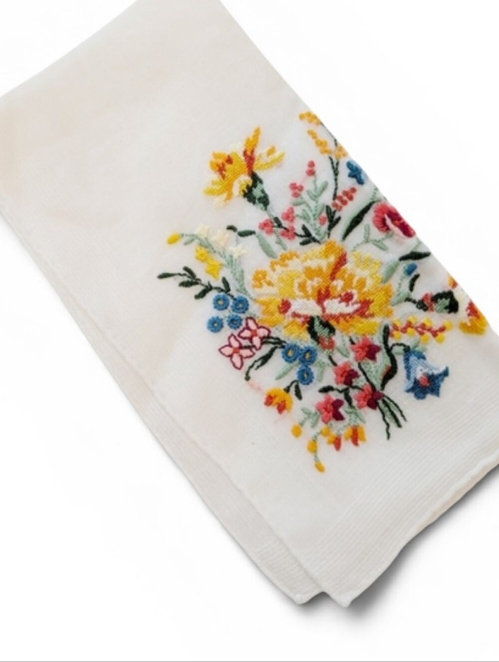 HANKERCHIEF Embroidery Flowers Vintage Colorful 12x12 Cotton Red Gold Blue White